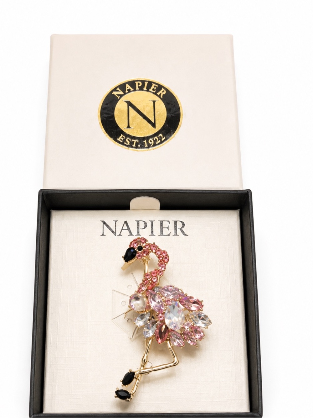 Napier Pink and Clear Crystal Flamingo Brooch - Gold Tone